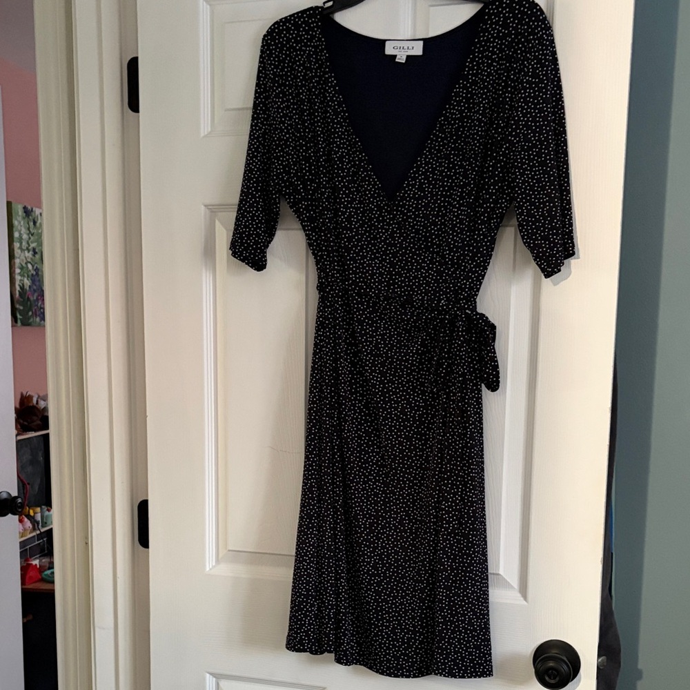 Dark Blue Polka Dot Faux Wrap Dress